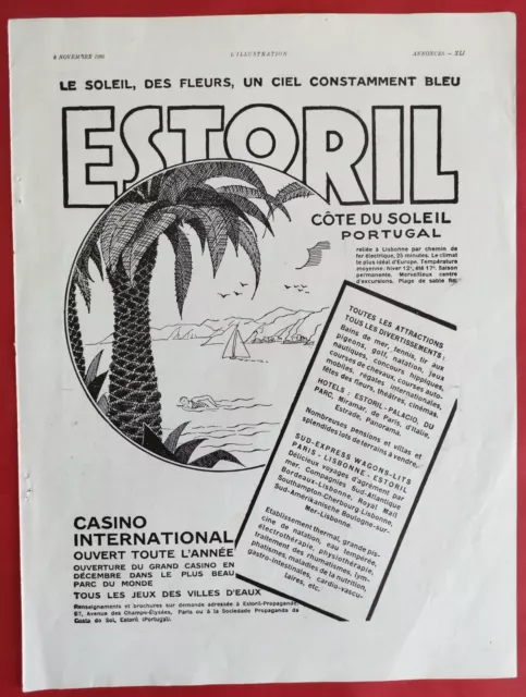 Publicité de presse 1930 Tourisme Portugal ESTORIL Côte du soleil Casino