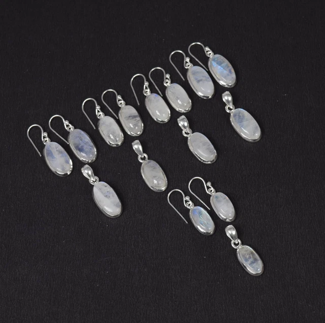 Wholesale 5 Set 925 Silver White Rainbow Moonstone Earring Pendant Set Lot q501