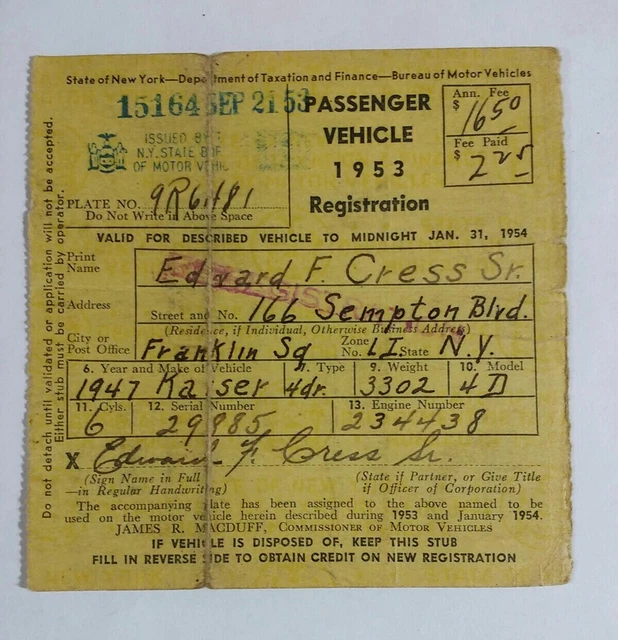 1953 NY CAR Registration Stub Card Nassau Co Vtg DMV 1947 Kaiser Sedan