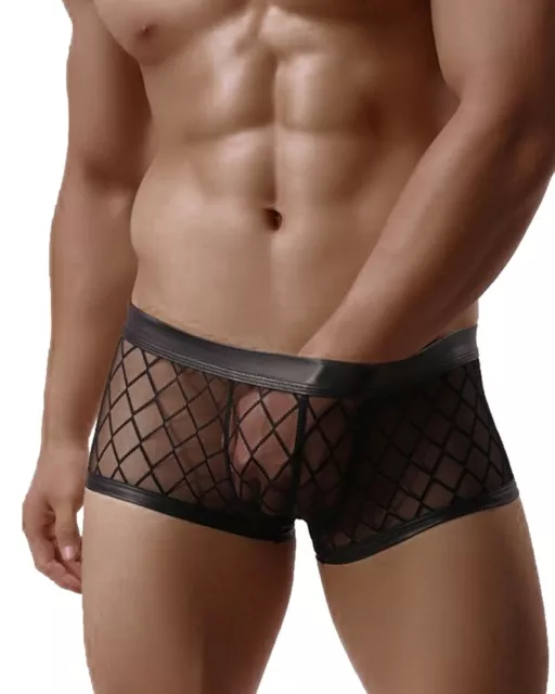 Transparente Boxershorts Netz Slip Lack Leder Wetlook Männer Unterwäsche M/L