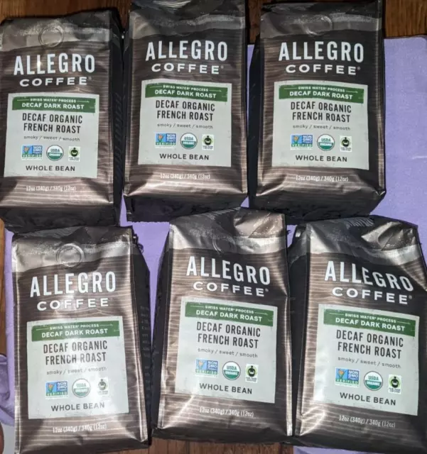 Allegro coffee decaf dark roast WHOLE BEAN 6 12 oz bags best by 5-12-23