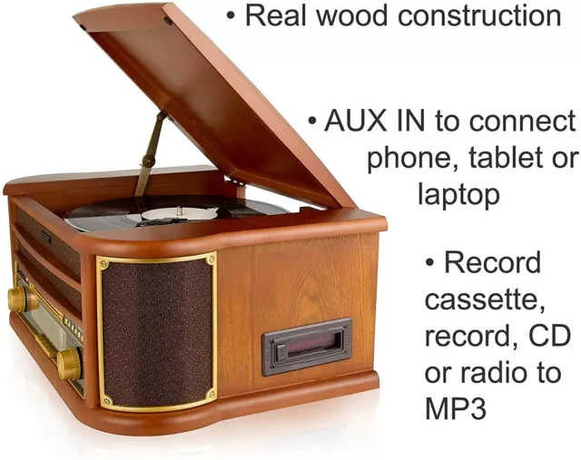 Record Player Turntable MCR50 8-in-1 CD Bluetooth Cassette Tape Radio FM/AM USB 3