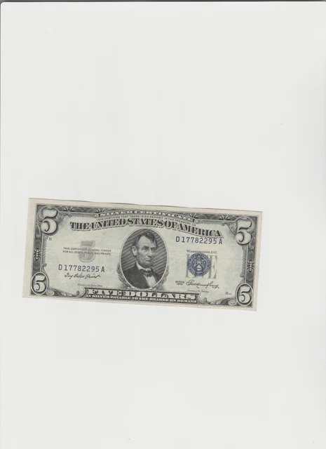 1953 Five Dollar BLUE Seal Note Silver Certificate $5 Old US Bill AU