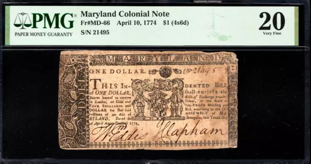 Maryland Colonial Note Fr#MD-66 April 10, 1774 $1 PMG 20