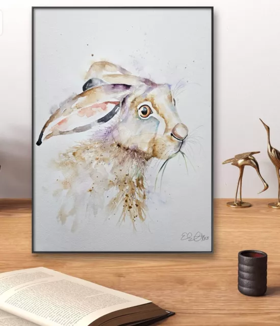 Original signed watercolour art painting new large Hare By Elle Smith