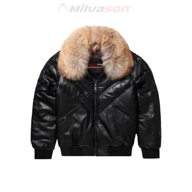 Men's Leather Jacket with Fox Fur Collar - Bubble Black Leather V-Bomber Jacket