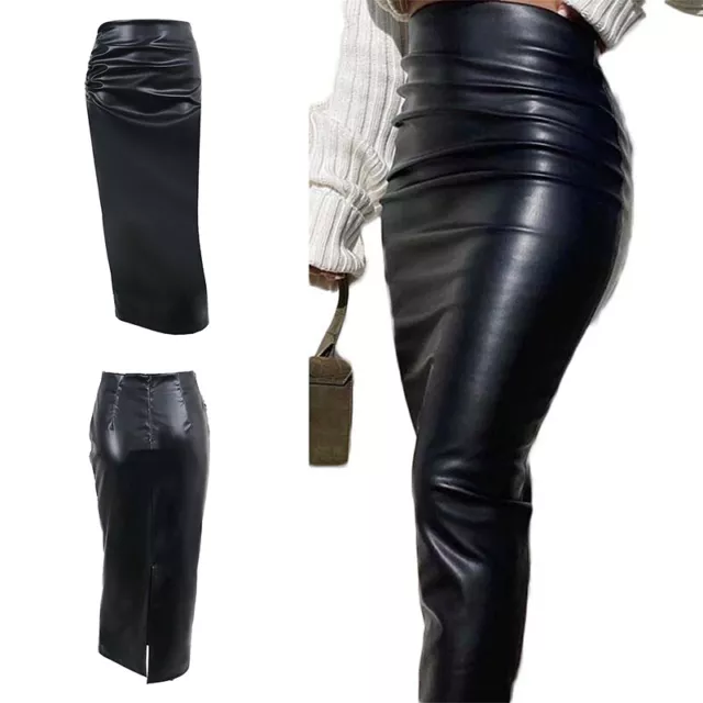 Women's Wet Look Skirts PU Leather Bodycon Midi Skirt High Waist Dress Clubwear