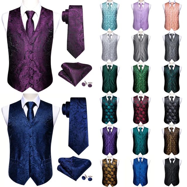 Mens Waistcoat Green Blue Purple Vest Paisley Floral Tuxedo Suit Vest Tie Set