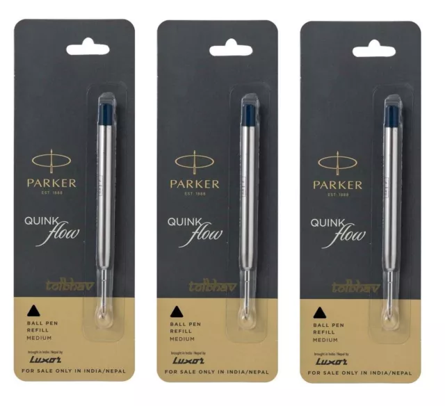 3 X Parker Quink Flow Ball Point Pen BP Refill Refills Black Ink Medium Nib New