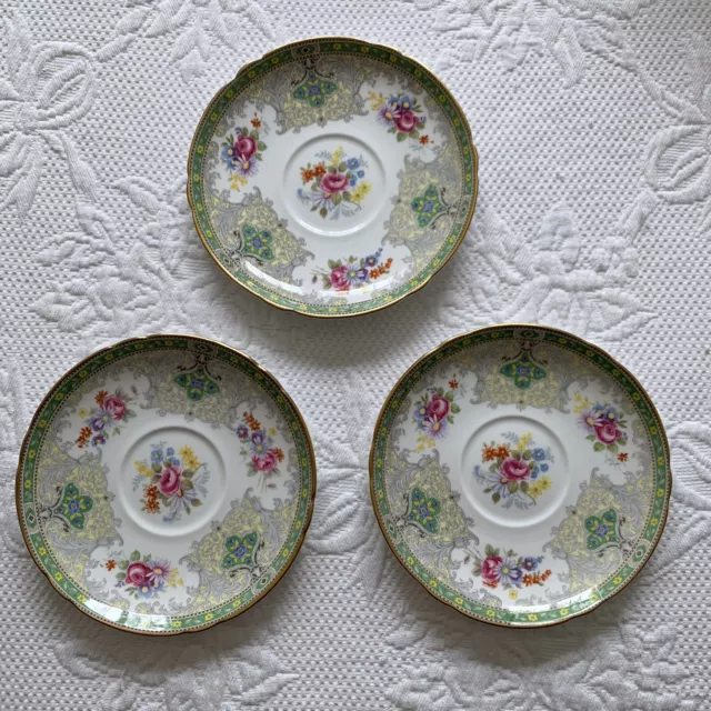 Shelley Georgian Green Gold Floral Bread Plates 3 Small England China 13360 5.5”