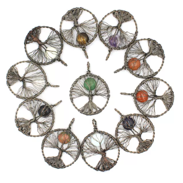 Natural Chakra Crystal Stone Quartz Round Moon Tree of Life Pendant Jewelry Gift