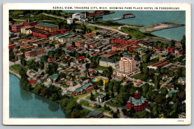 Traverse City Michigan~Aerial View Showing Park Place Hotel~1920s Postcard