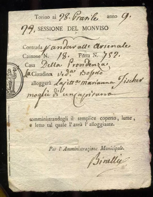 Repubblica Piemontese Torino Sez. del Monviso Ricevuta x Alloggio at 401