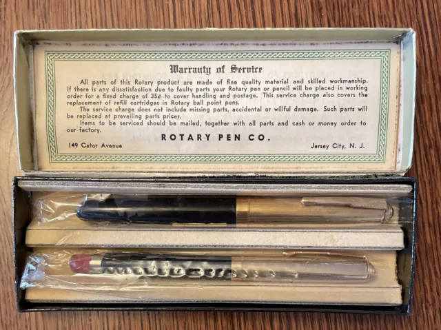Vintage ROTARY PEN CO Fountain Pen & Mechanical Pencil Set Black and Gold - NOS