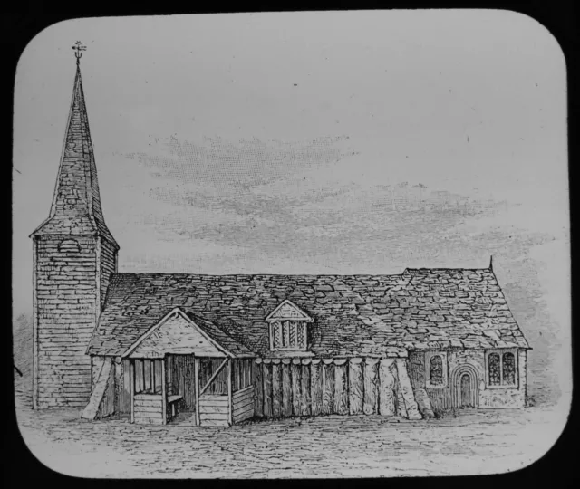 ANTIQUE Magic Lantern Slide WOODEN CHURCH GREENSTED ESSEX C1910