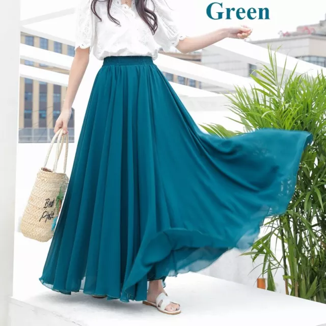 Damen Chiffon Maxi Swing Rock Hohe Taille A-Linie Plissee Lang Tanz Kleid Sommer