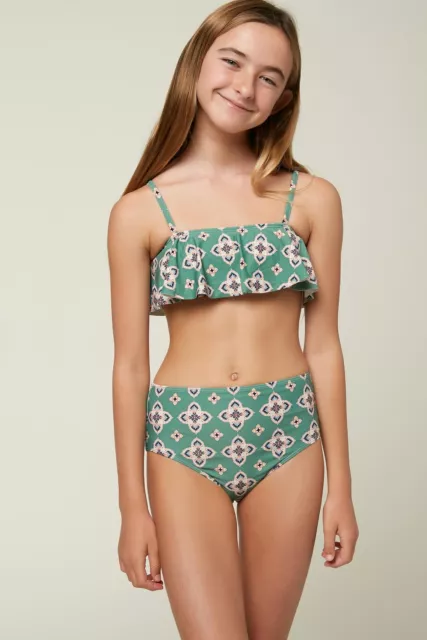 O'Neill Girls 5 Thalia Tile Ruffle Set 2 Pc Halter Bikini Swimsuit Green