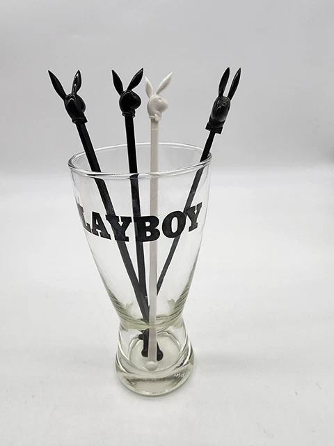 1980's playboy logo 14oz drinking pilsner beer glass barware with 4 stirrers vtg