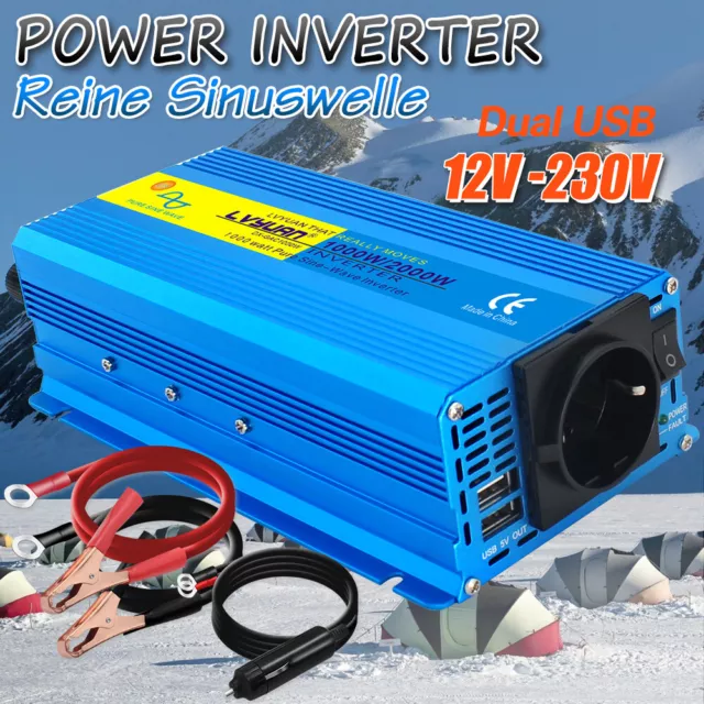 Convertitore di tensione sinusoidale puro 1000W 2000W DC 12V - AC 230V inverter 2USB