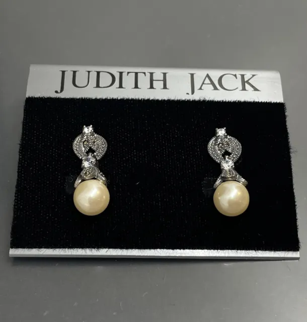 Vtg Judith Jack Sterling Marcasite Crystal Pearl Pierced Dangle Earrings 0.85”