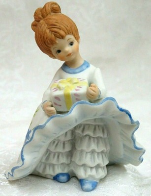 Vintage Lefton Bisque BLOOMER GIRL Figurine w/Gift~White & Blue Dress Brown Hair