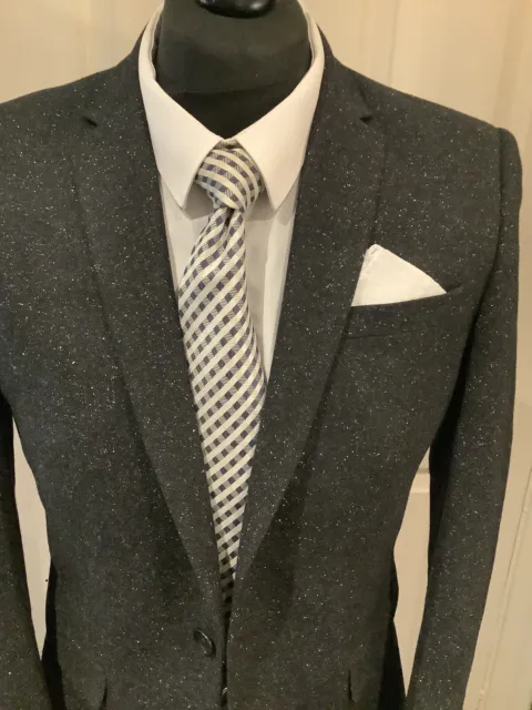 Men’s Two Piece Suit Black Tweed By Next 38R Slim Fit Peaky Blinder Style