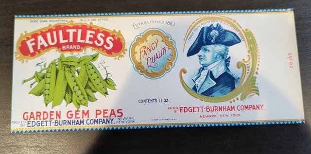 VTG Faultless Brand Peas Edgett Burnham Co NY 1940s EMBOSSED Can Label
