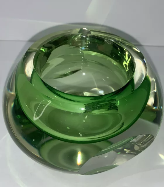 Vintage~MURANO~Italy~BARBINI~Glass~HAND BLOWN~Green~FACETED~Vase~CANDLE HOLDER