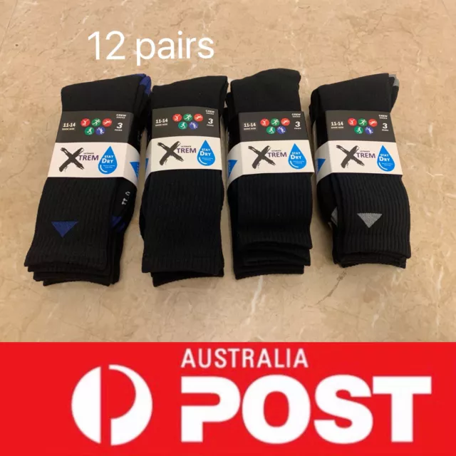 12 Pairs Ultimate Extreme Men 11-14 Sports Crew Socks,moisture Wicking,black,AUS