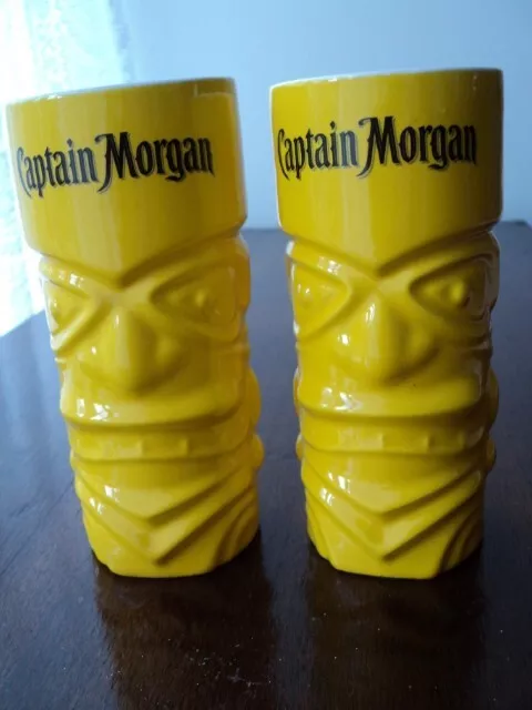 Captain Morgan Rum Yellow Ceramic Tiki Mugs x 2