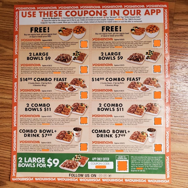10 YOSHINOYA RESTAURANT Coupons (Exp. 4/18/2021) So Cal Only 2.35