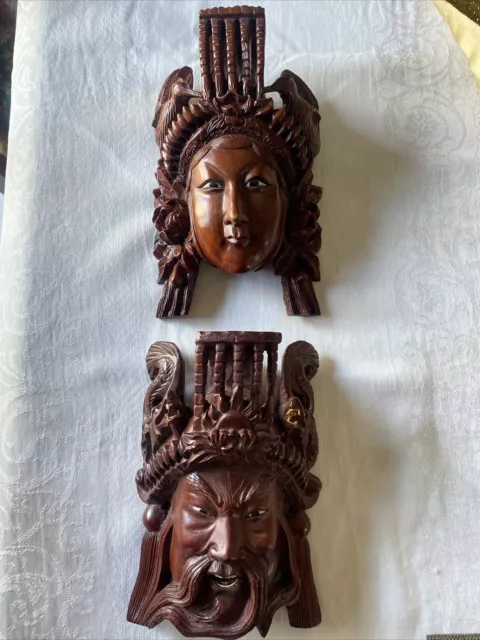 Diety masks Chinese Daoism Vintage Rosewood Eye Accents Set Of 2 Hand Carved