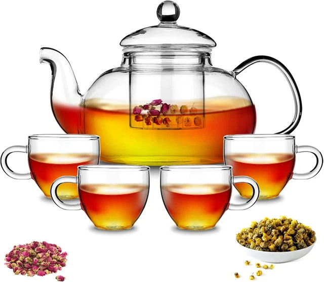 Glass Tea Pot with 4 Tea Cups, Removable Infuser, Blooming and Loose Leaf Tea Ma