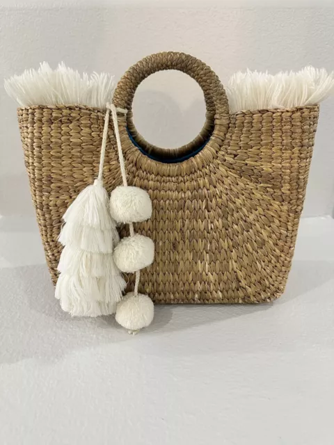 JadeTribe Mini Straw Beach Bag Tote Women Liner Lining Handle Tassel Fringe