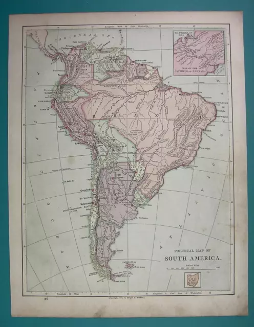 1875 MAP COLOR - SOUTH AMERICA Political