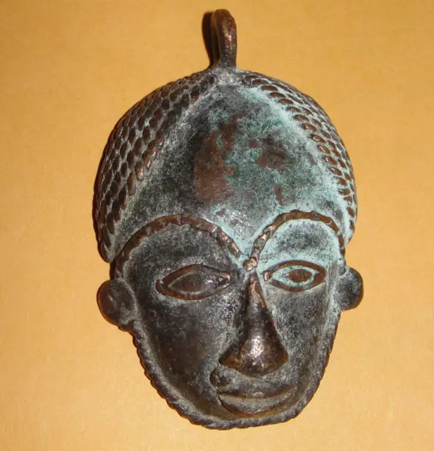 Very Old African Bronze Baule Gold Weight Family Passport Mask Necklace Pendant