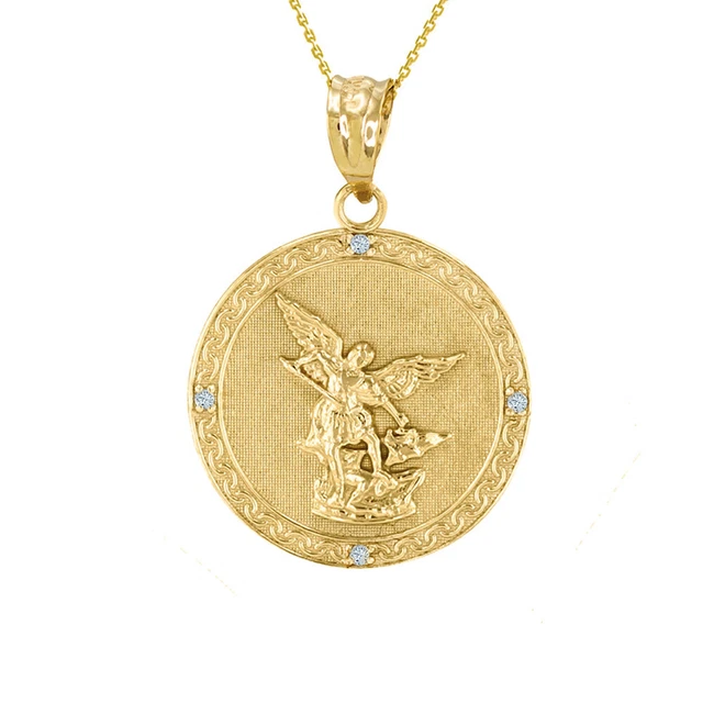 YELLOW GOLD SAINT Michael Archangel of Justice Diamond Pendant Necklace …