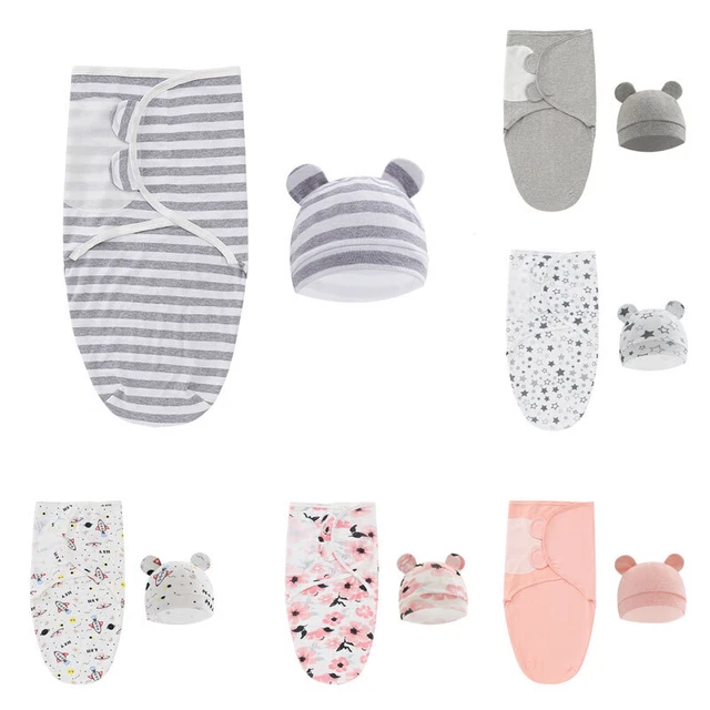 Bébé Emmailloter Drapé Nouveau-Né Couverture 0-6 Mois Coton Stars Rayure Hat ,