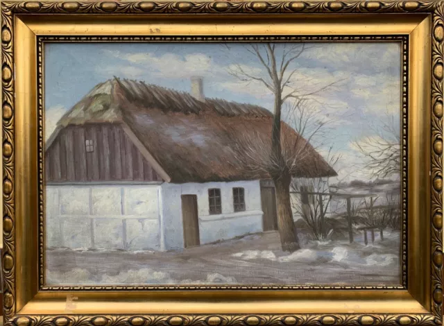 Oil Painting Winter Landscape With Old Kate Country House Farmhouse Frame Antik