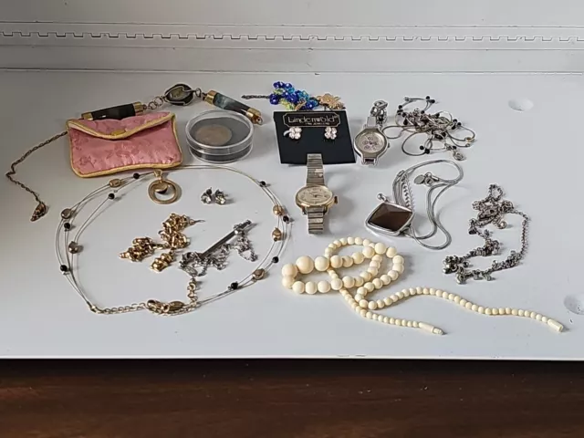 Vintage Junk Drawer Lot Jewelry Watches Religious Pin Brooch Earrings More! #11