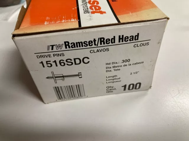 Ramset powder fasteners drive pins 1516SDC 2-1/2" box quantity 100 ITW Red Head