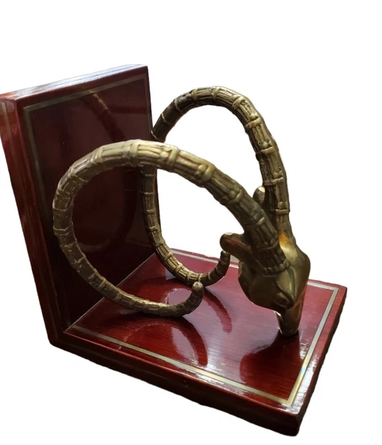 Vintage Ibex Antelope Ram Head Brass & Wood Bookend Inlaid Mid Century Modern