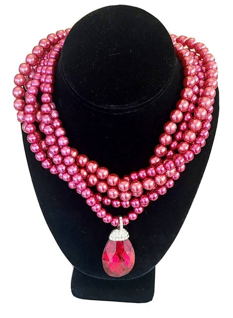 Large Red Crystal Pendant Red Pearl Bead Necklace