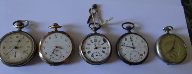 Konvolut aus 5 alten Taschenuhren ( 3 mit 800 Silberdeckel ) zum Basteln