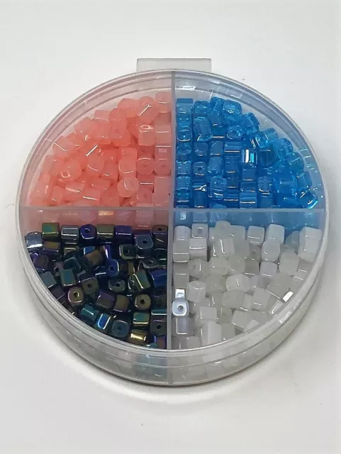 Glass Cube Square Seed Beads 60 grams, Bulk Lot 4 Colors Round Storage NEW