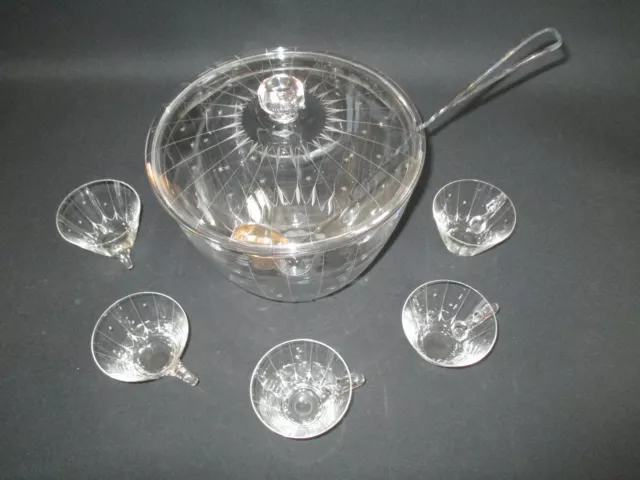 BOWLE, geschliffenes Glas, Schöpfkelle WMF 90-5, 70er Jahre, 5 Gläser