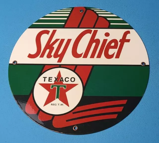 Vintage Texaco Gasoline Porcelain Gas Sky Chief Service Station Pump Ad 12" Sign