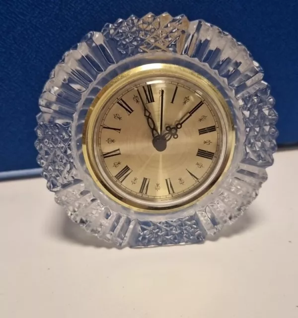 Vintage Tyrone Full Lead Crystal Round Cut Glass Mantle Clock 4"-Ireland