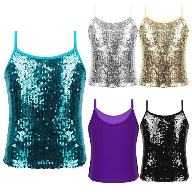 Kids Girls Shiny Sequins Cami Tank Top Dance Party Performance Costume Vest Tops