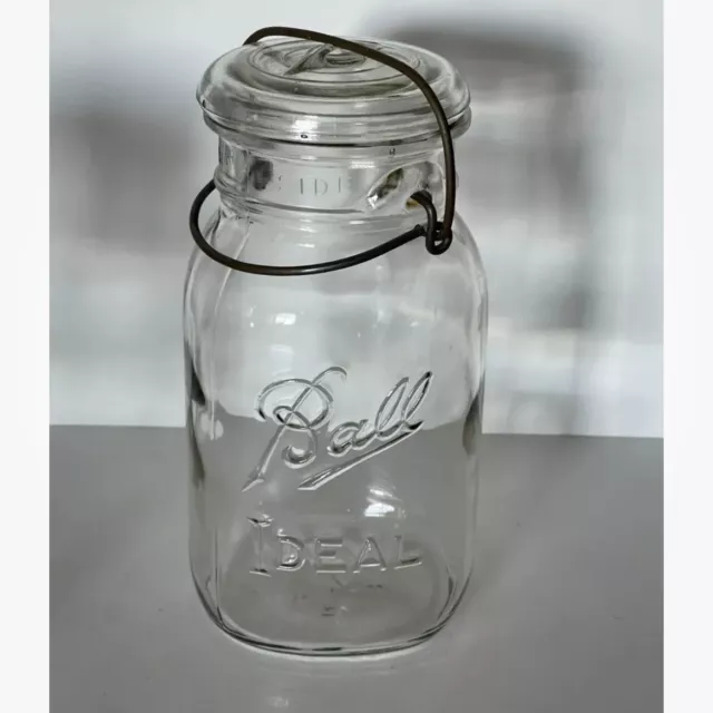 Vintage Ball Ideal Mason Quart Jar With Clear Glass Lid And Wire Bale